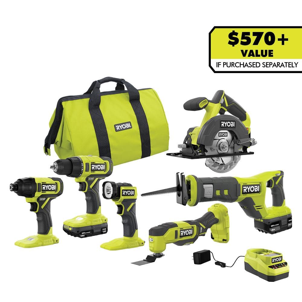6-Tool Ryobi ONE+ 18V Cordless Combo Kit w/ 1.5Ah + 4.0Ah  Batteries & Charger