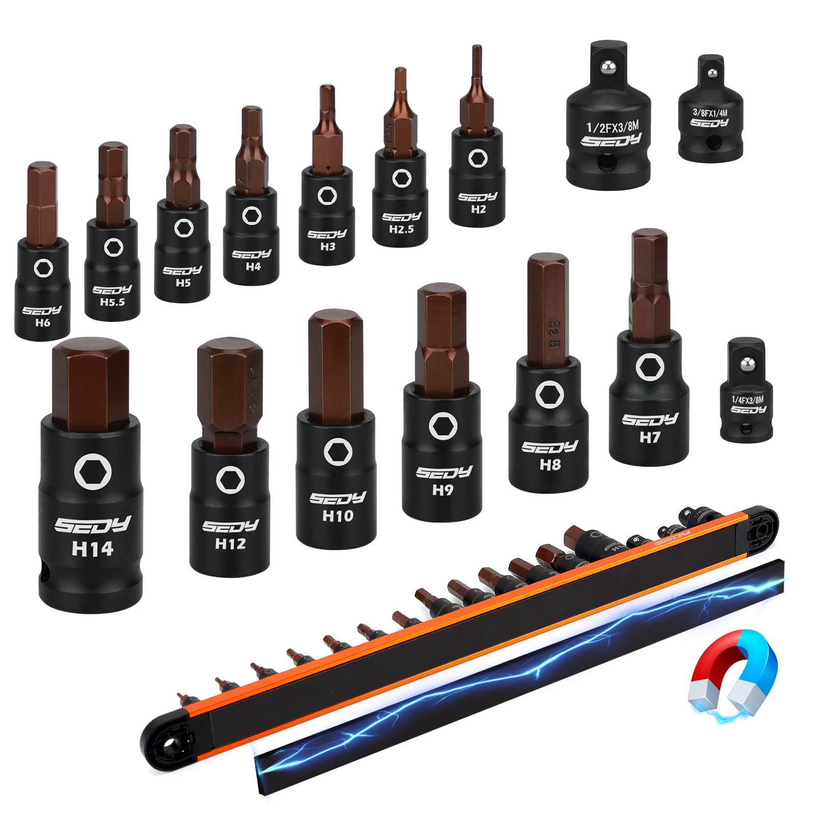 Allen-Wrench Hex Bit Socket Set: 16-Piece Hex Socket Set with Magnetic Socket Rail Organizer 1/4, 3/8, 1/2-Inch Drive H2-H14 Hex Socket Set ($11.89 w/ Free Prime Ship)