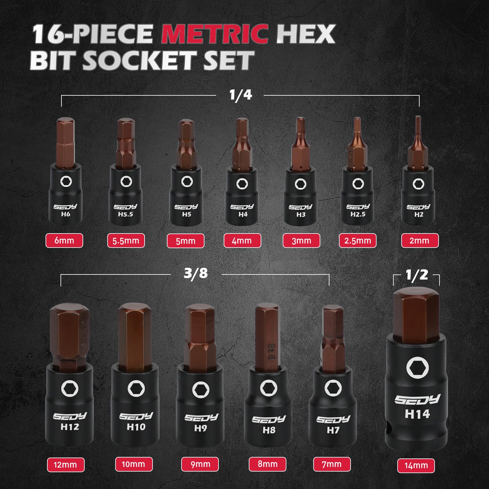 Allen-Wrench Hex Bit Socket Set: 16-Piece Hex Socket Set with Magnetic Socket Rail Organizer 1/4, 3/8, 1/2-Inch Drive H2-H14 Hex Socket Set ($11.89 w/ Free Prime Ship)