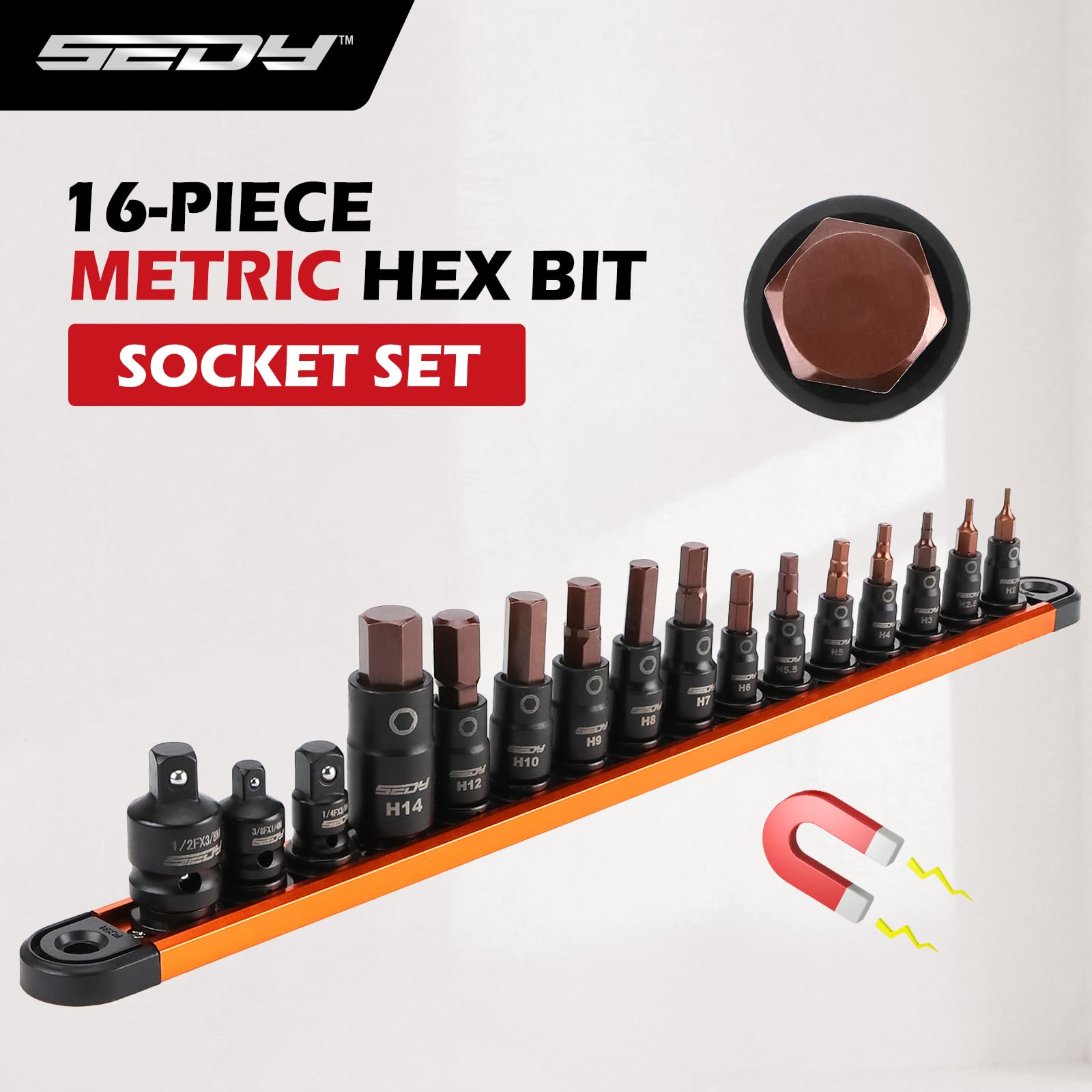 Allen-Wrench Hex Bit Socket Set: 16-Piece Hex Socket Set with Magnetic Socket Rail Organizer 1/4, 3/8, 1/2-Inch Drive H2-H14 Hex Socket Set ($11.89 w/ Free Prime Ship)