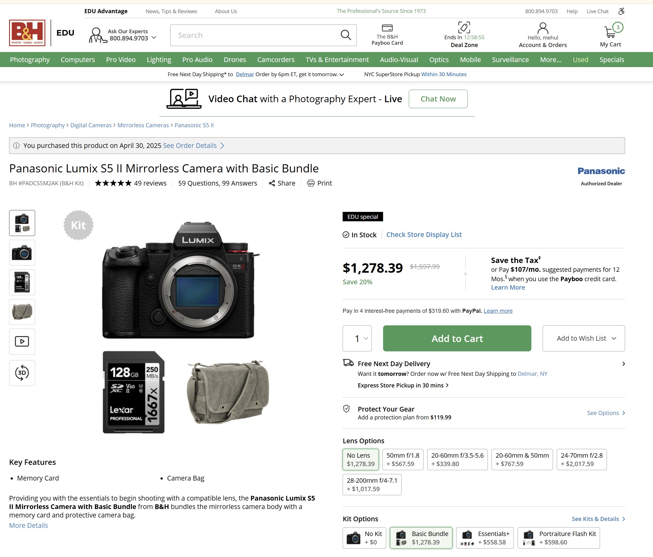 B&H Edu accounts Panasonic Lumix S5ii body only for $1278 + tax