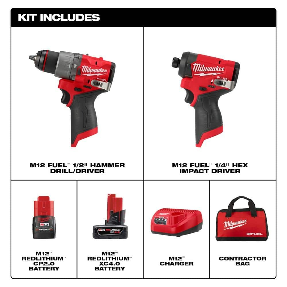 Hackable - Milwaukee M12 FUEL 12-Volt Lithium-Ion Brushless Cordless Hammer Drill and Impact Driver Combo Kit w/2 Batteries and Bag (2-Tool) 3497-22 - $138.73