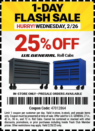 Harbor Freight Stores: 25% Off  U.S. General Roller Cabinets: 27
