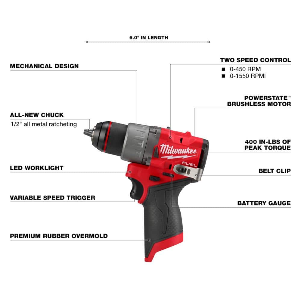 M12 FUEL 12-Volt Li-Ion Brushless Cordless Hammer Drill Combo Kit, Reciprocating Saw, Flood Light w/2 Batteries (3-Tool) $199.99