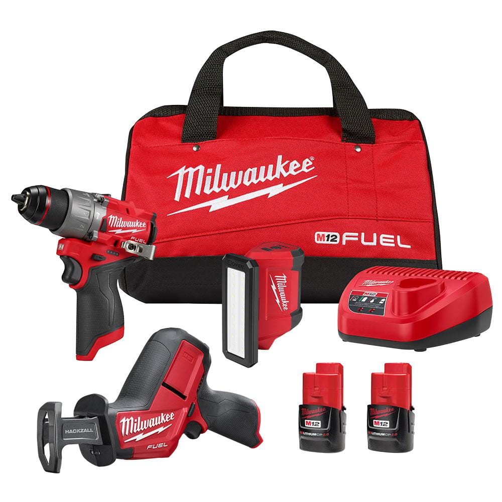 M12 FUEL 12-Volt Li-Ion Brushless Cordless Hammer Drill Combo Kit, Reciprocating Saw, Flood Light w/2 Batteries (3-Tool) $199.99