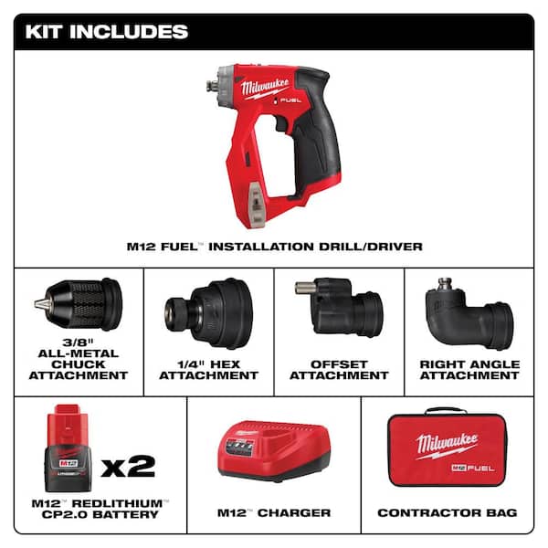 M12 FUEL 12V 4-in-1 Installation 3/8 in. Drill Driver Kit (with 2x 2.0 batteries) for $113.79 with with M12 3/8 ratchet - $85.20 [PRORATED] $114