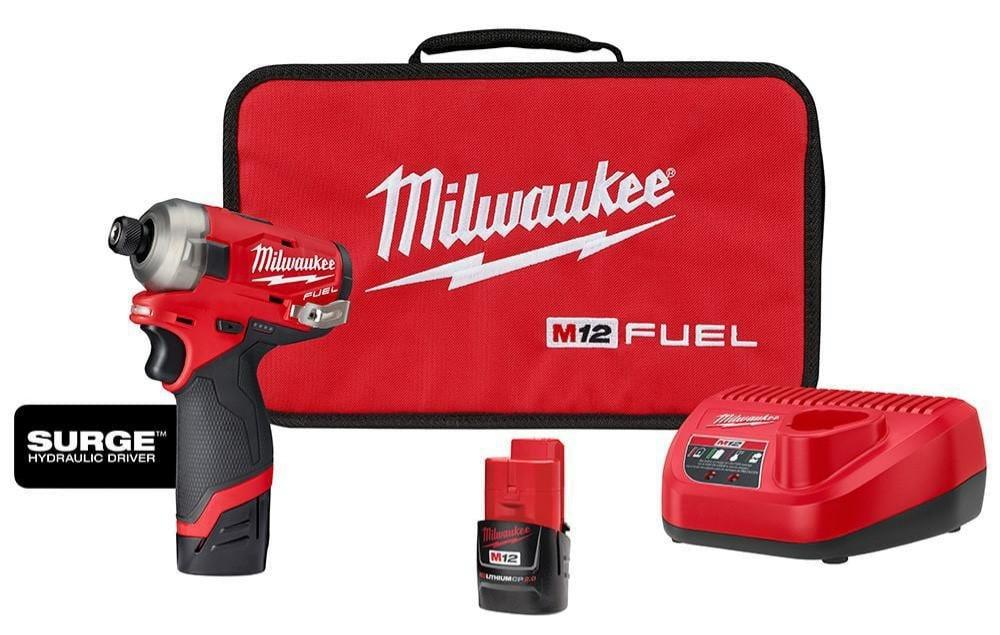 M12 FUEL SURGE hydraulic 1/4 in. impact driver kit (two 2.0Ah batteries, charger, bag) - $97.69 with M12 3/8 ratchet - $81.31 [PRORATED]