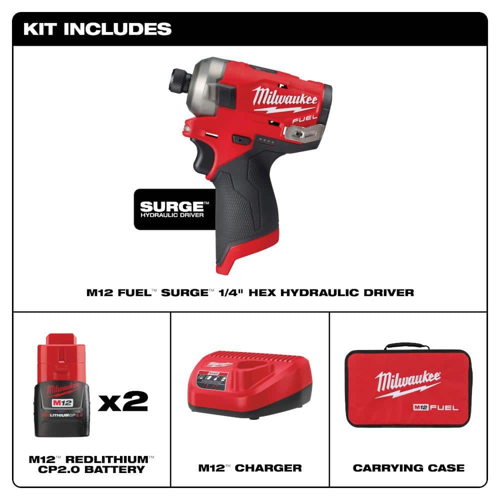 M12 FUEL SURGE hydraulic 1/4 in. impact driver kit (two 2.0Ah batteries, charger, bag) - $97.69 with M12 3/8 ratchet - $81.31 [PRORATED]