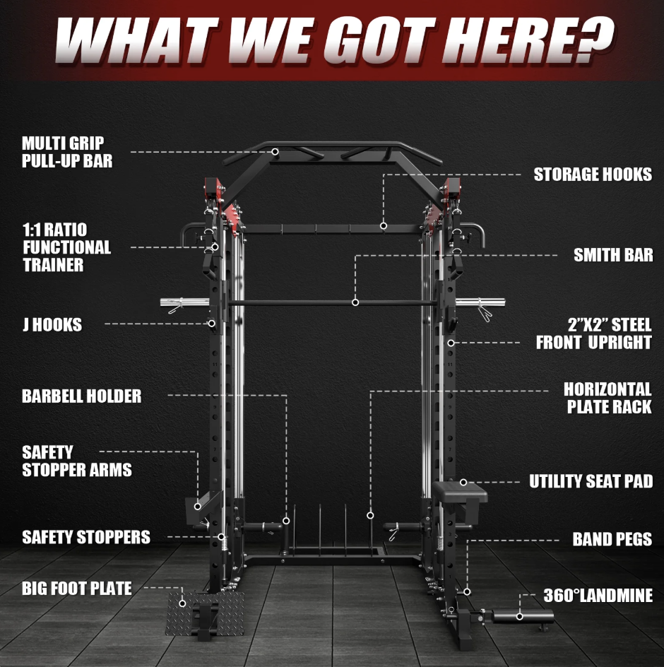 Mikolo H11 Smith Machine 2000lbs Power Cage Squat Rack & Attachments (Black)