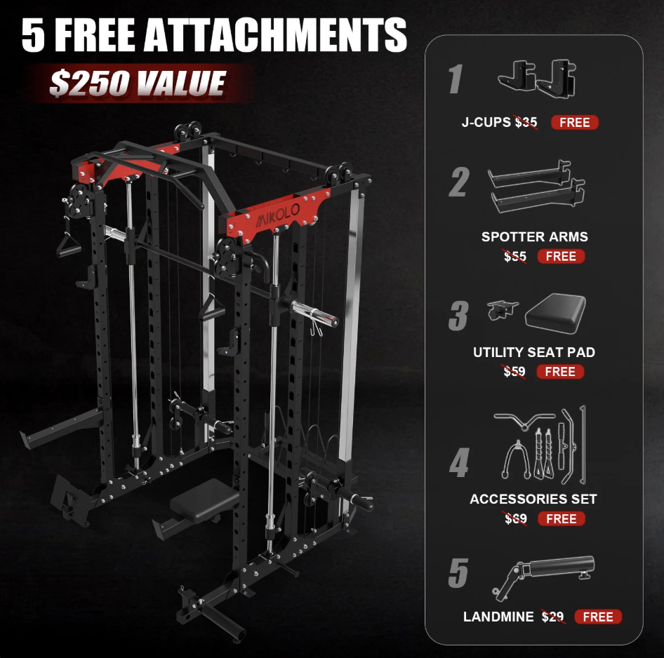 Mikolo H11 Smith Machine 2000lbs Power Cage Squat Rack & Attachments (Black)