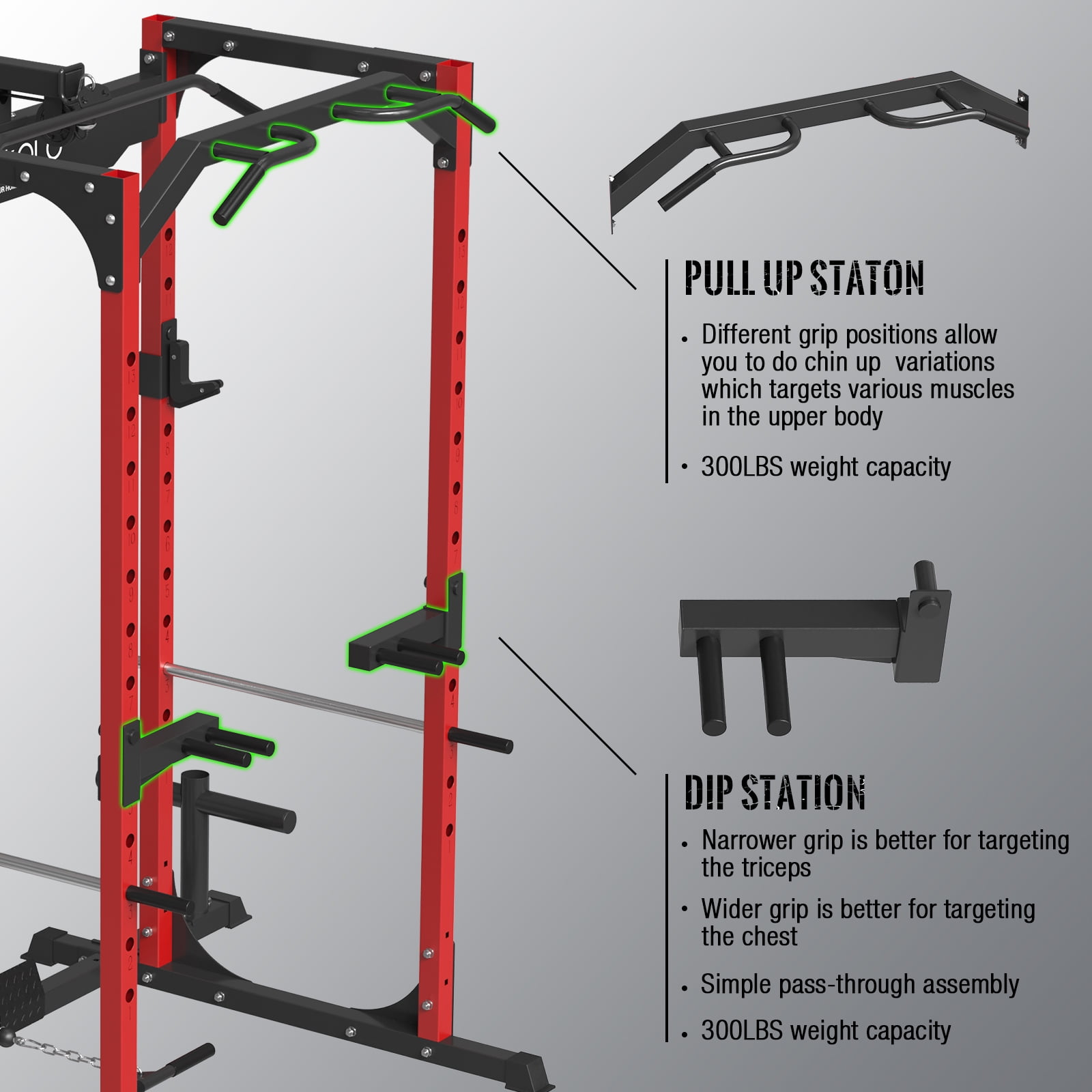 Mikolo Power Rack Cage w/ LAT Pulldown System (Red, 1200-Lbs Capacity)