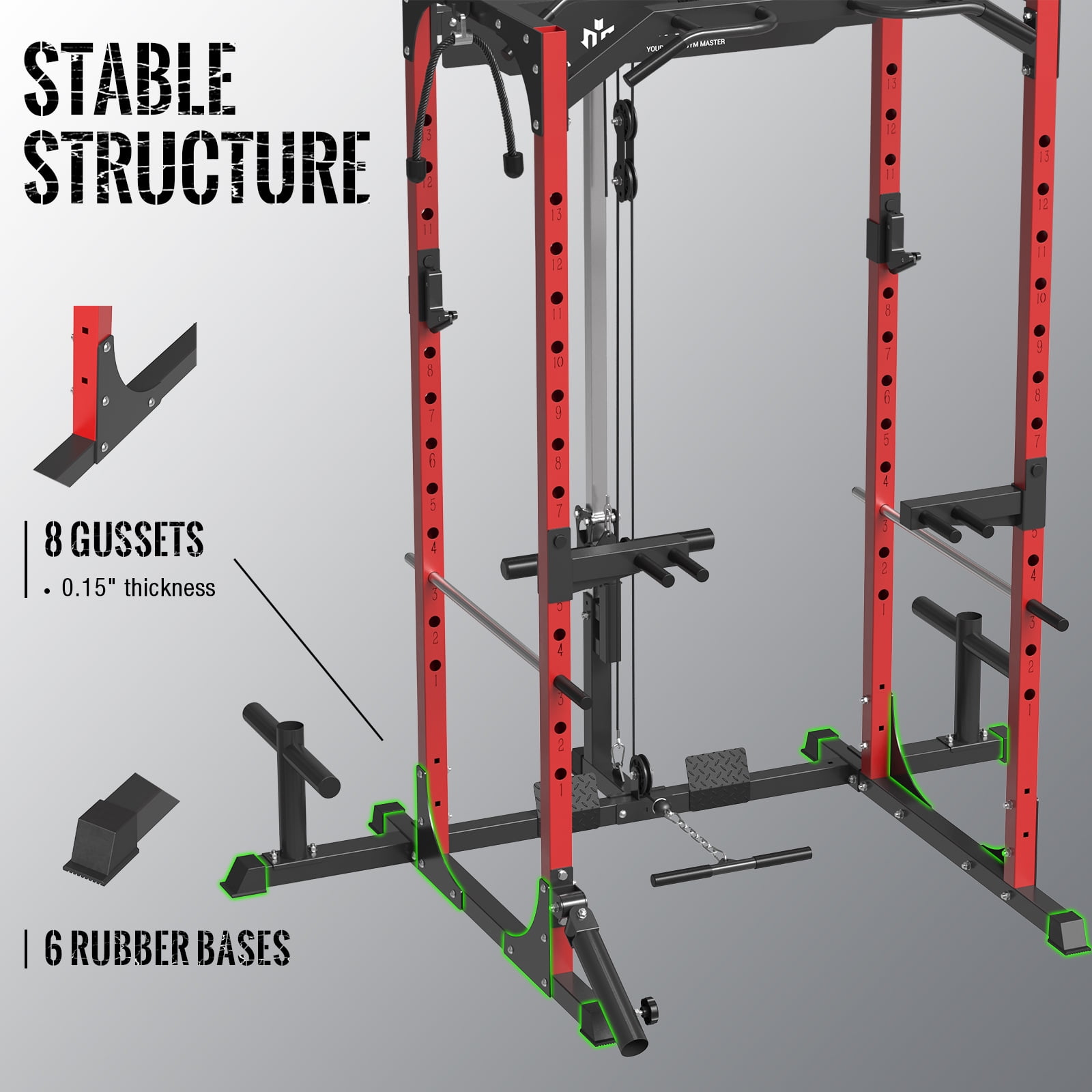 Mikolo Power Rack Cage w/ LAT Pulldown System (Red, 1200-Lbs Capacity)