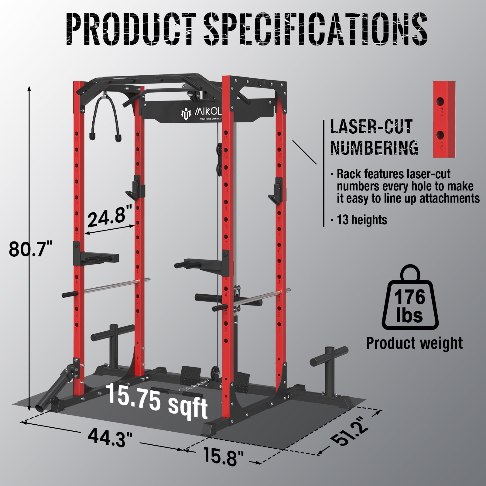 Mikolo Power Rack Cage w/ LAT Pulldown System (Red, 1200-Lbs Capacity)