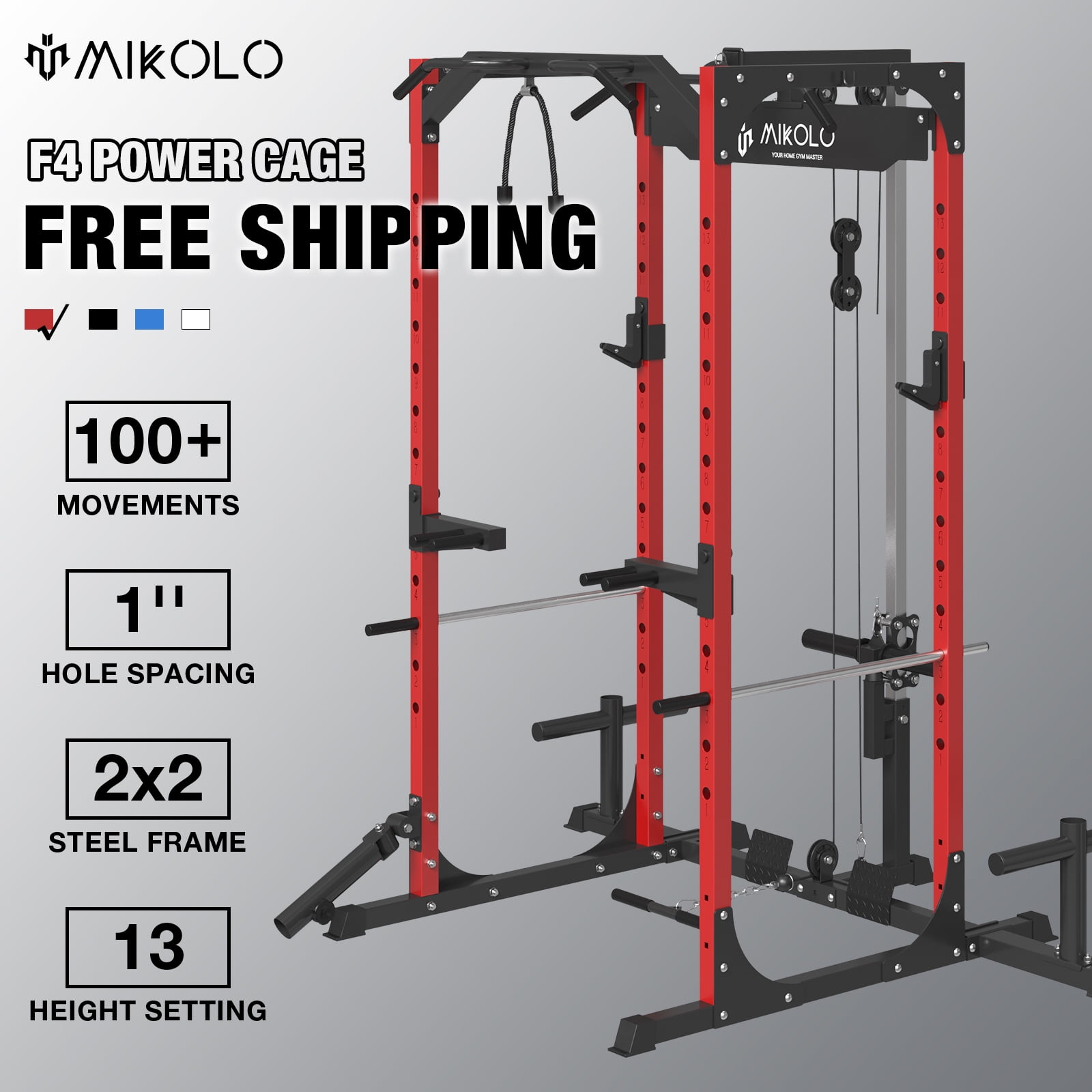 Mikolo Power Rack Cage w/ LAT Pulldown System (Red, 1200-Lbs Capacity)