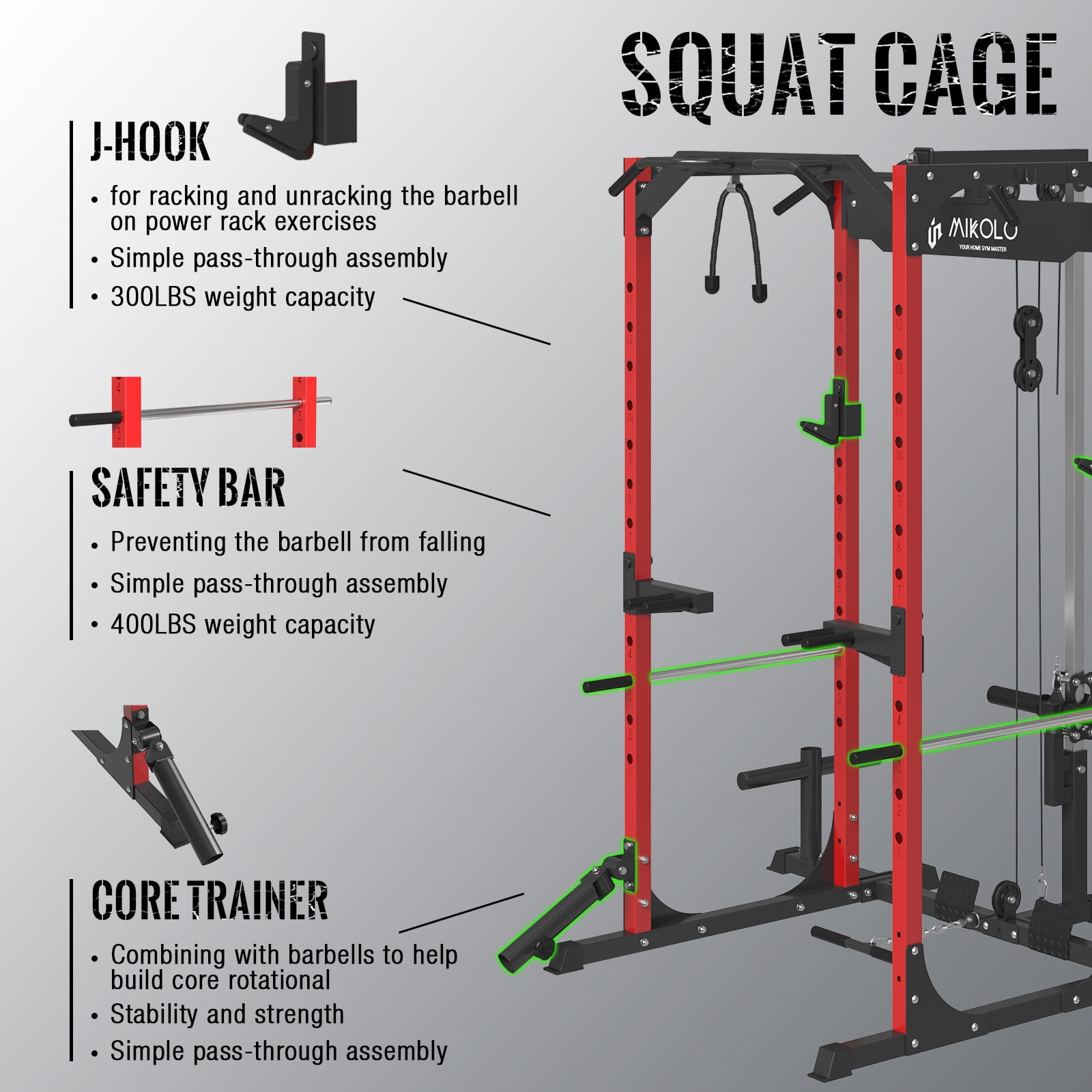 Mikolo Power Rack Cage w/ LAT Pulldown System (Red, 1200-Lbs Capacity)