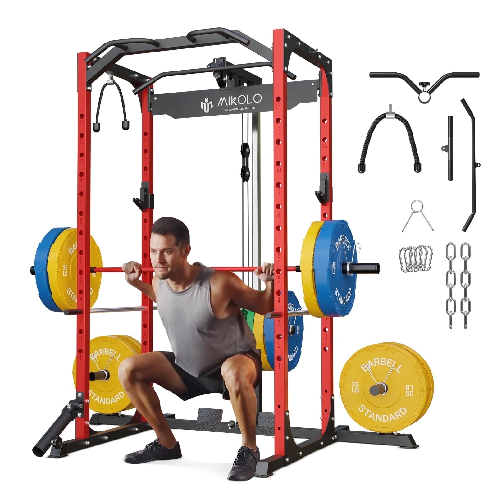Mikolo Power Rack Cage w/ LAT Pulldown System (Red, 1200-Lbs Capacity)
