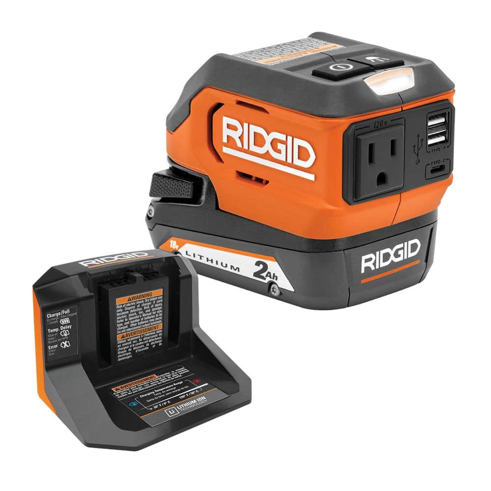 RIDGID 18V Cordless AC Inverter Kit with 2.0 Ah Lithium-Ion Battery and Charger, $75, FS, Home Depot