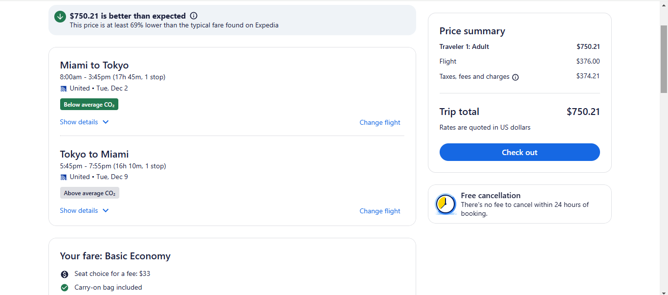Roundtrip Airfare Flight: Miami, Florida (MIA) to Tokyo, Japan (NRT)