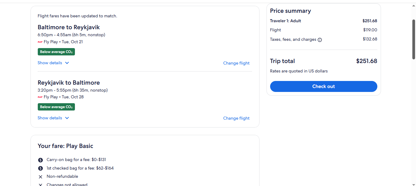 RT Baltimore MD to Iceland $252 Nonstop Airfares on PLAY Airlines BE (Travel October - December 2025)