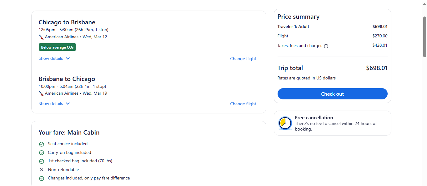 RT Chicago to Brisbane Australia $698 Airfares on American Airlines Main Cabin Regular Economy with 1 Free Checked Bag & Free Change (Travel  March 2025))