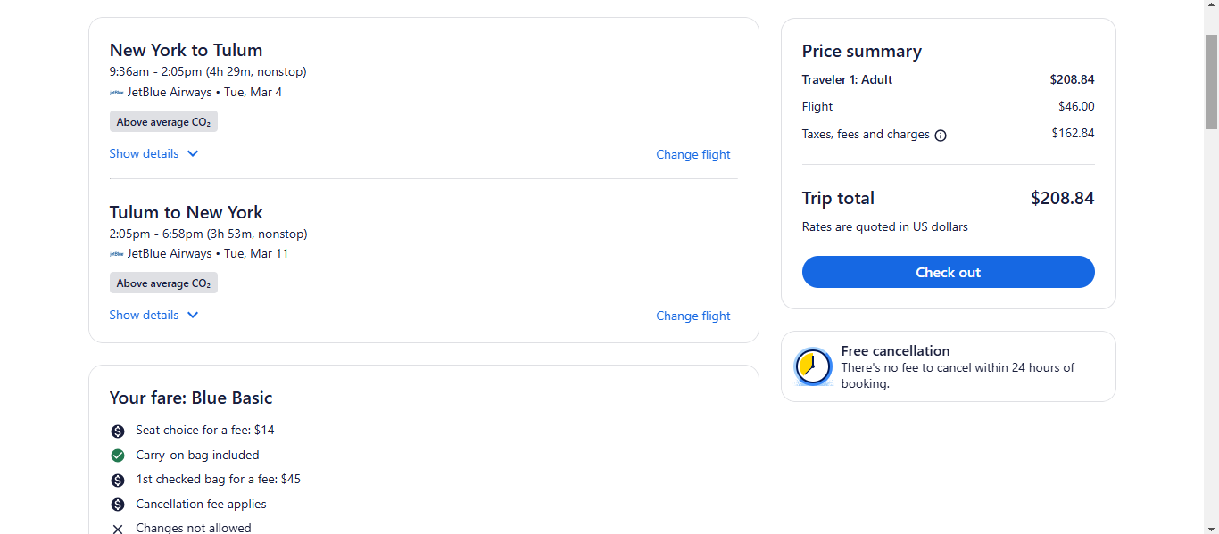 RT New York to Tulum Mexico $209 Nonstop Airfares on JetBlue BE (Travel February - April 2025)