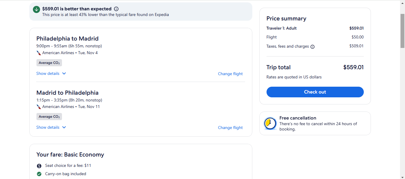 RT Philadelphia to Madrid Spain $560 Nonstop Airfares on American Airlines BE (Travel November - December 2025)