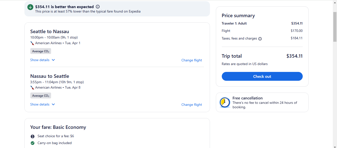 RT Seattle to Nassau Bahamas $355 Airfares on American or United Airlines BE (Spring Travel March - May 2025)