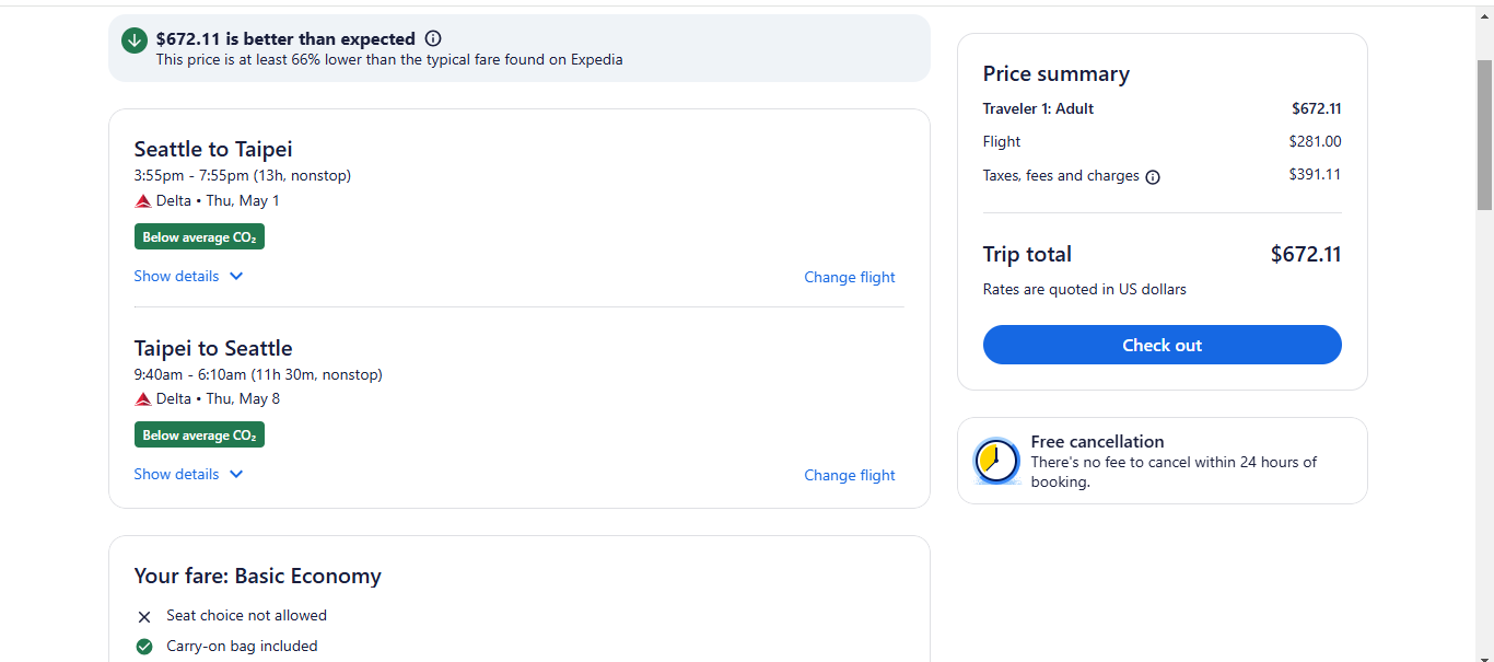 RT Seattle to Taipei Taiwan $672 Nonstop Airfares on Delta Air Lines BE with 1 Free Checked Bag (Spring Travel March - May 2025)