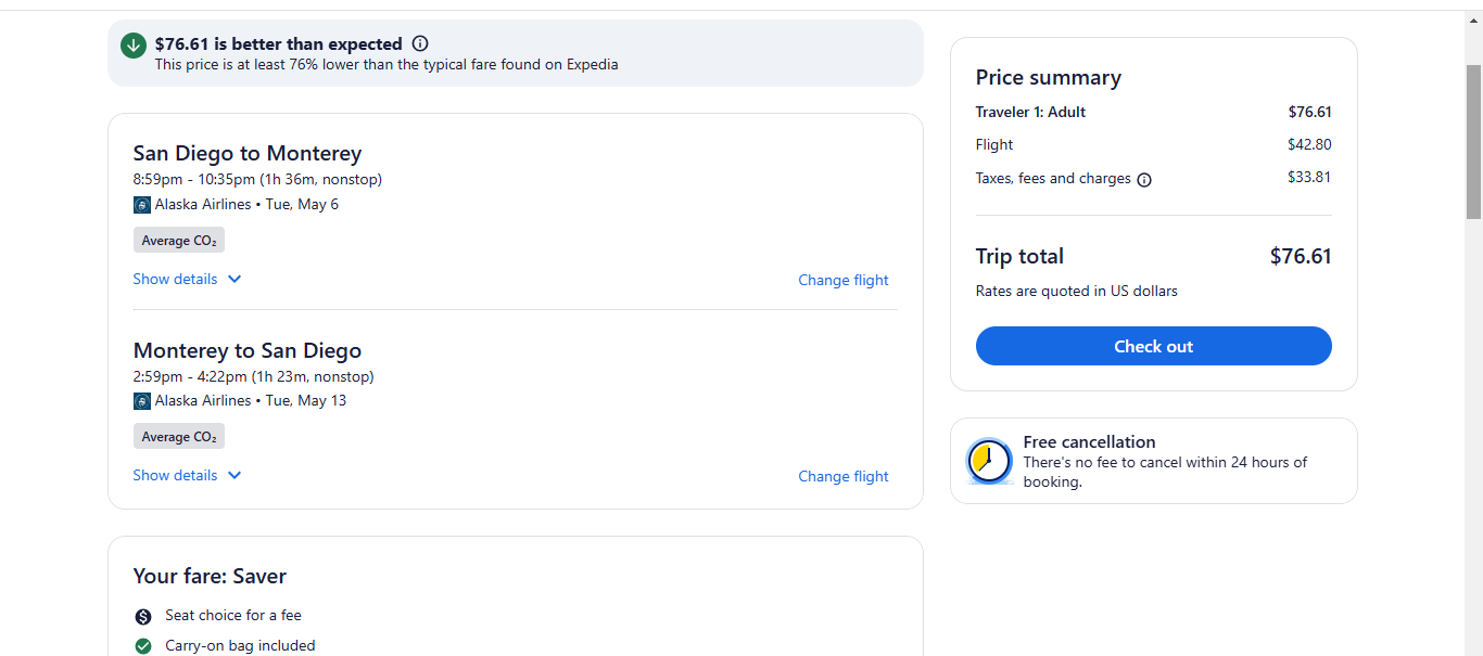 San Diego - Monterey CA $39 OW or $77 RT Nonstop Airfares on Alaska Airlines BE (Spring Travel march - May 2025)