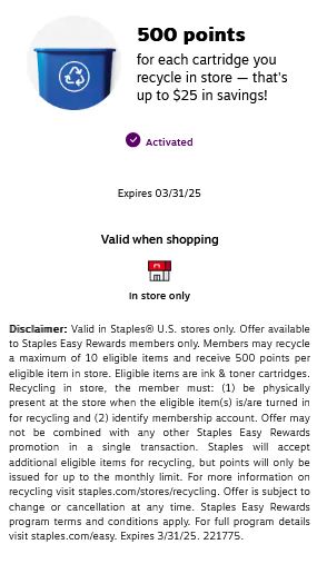 Staples Easy Rewards In-Store Offer: Recycle Any Ink/Toner Cartridges & Earn