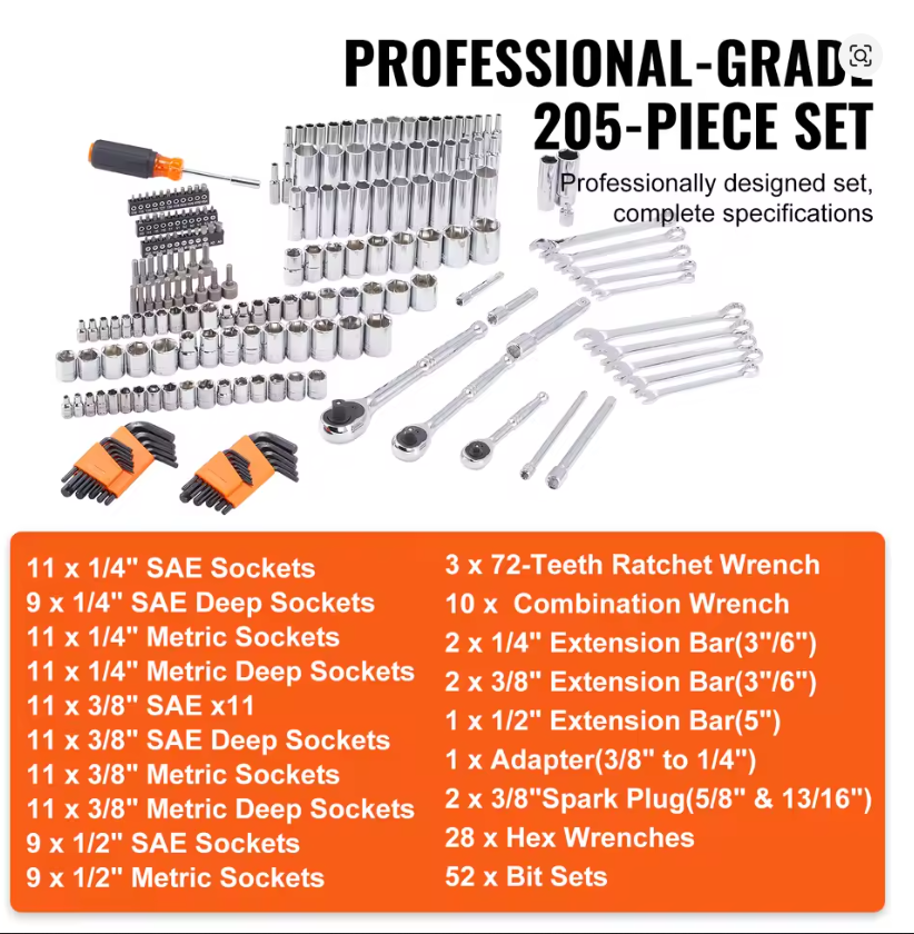 VEVOR Mechanics Tool Set and Socket Set: 145 Pc $48.50, 205 Pc $65.50 + Free S/H