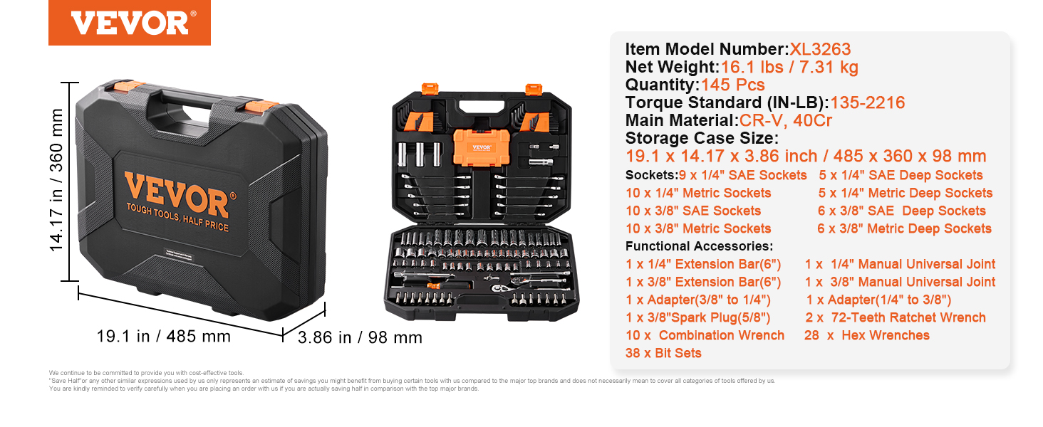 VEVOR Mechanics Tool Set and Socket Set: 145 Pc $48.50, 205 Pc $65.50 + Free S/H