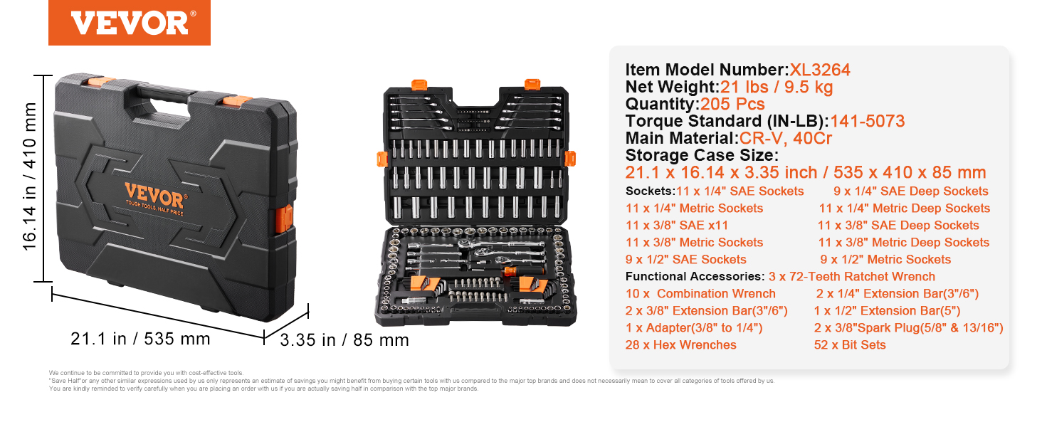 VEVOR Mechanics Tool Set and Socket Set: 145 Pc $48.50, 205 Pc $65.50 + Free S/H